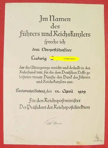 ()  Belobigungs-Urkunde ... für geleistete treue Dienste ... Dank des Führers ... 1939. Siehe bitte Beschreibung.