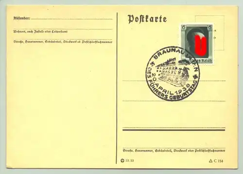 (0360545)  Postkarte mit grüner 6Rpf.-Hitler-Marke, Sonderstempel : 'Braunau am Inn - 20. April 1938 - Des Führers Geburtstag'.