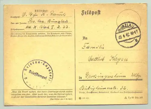 (1009852)  Original Feldpostkarte mit Aufdruck aus Führerrede v. 3.10.1941. Siehe bitte Beschreibung.