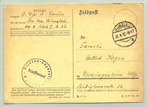 ()  Original Feldpostkarte mit Aufdruck aus Führerrede v. 3.10.1941. Siehe bitte Beschreibung.