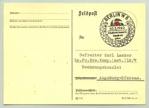 (1009899)  Feldpostkarte. Sonderstempel 6. WHW-Reichs-Straßensammlung - Berlin W 8 - 30.3.1940. Siehe bitte Beschreibung.
