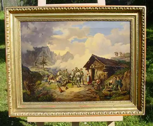 Altes Ölgemälde auf Leinen. Jagdmotiv an Berghütte im Hochgebirge. Vermutlich vor 1900. Süddeutschland / Österreich / Alpenraum ?