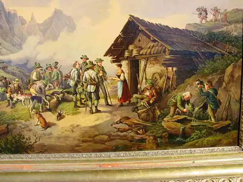 Altes Ölgemälde auf Leinen. Jagdmotiv an Berghütte im Hochgebirge. Vermutlich vor 1900. Süddeutschland / Österreich / Alpenraum ?