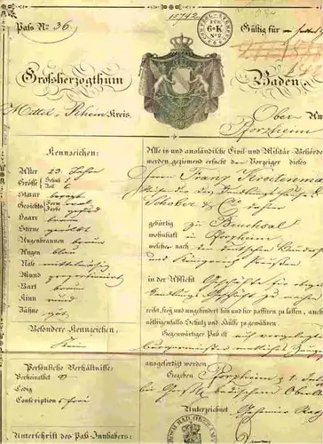 (2001045) Großherzogtum Baden. Alter Reisepass vom Juli 1840.