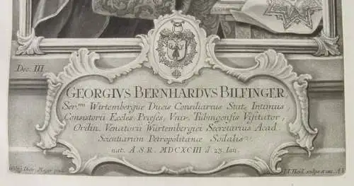 Neu : Versandkosten ab Euro 6 / BRD () Alter Stich "Georgus Bernhardus Bilfinger" (Georg Bernhard Bilfinger). 'Herzogl. Württembergischer geheimer Staatsrath und des hochfürstl. Consistorii Präsident, der Universität Tübingen' (17. bis 18....