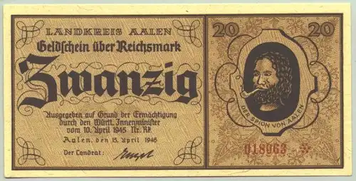 (1011409) Geldschein 20 Reichsmark Aalen, vom 15. 4. 1945. Selten ! 