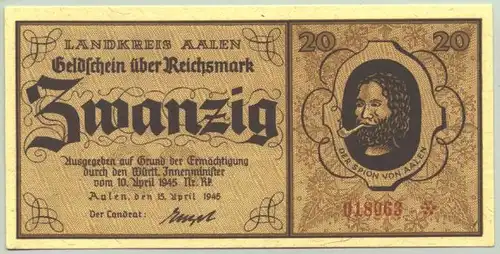 () Geldschein 20 Reichsmark Aalen, vom 15. 4. 1945. Selten ! 