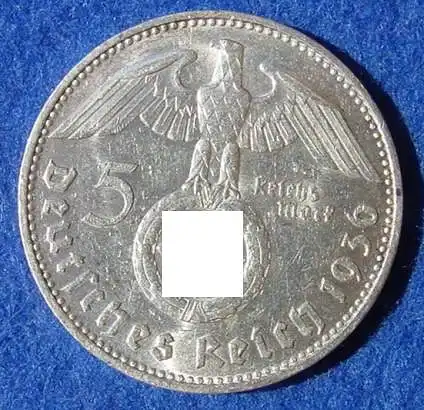 (1030492) 5 Reichsmark 1936-J Hindenburg / Hakenkreuz, J. 367. Siehe bitte Erhaltung.
