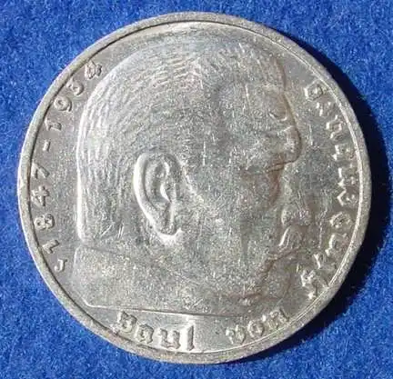 () 5 Reichsmark 1936-J Hindenburg / Hakenkreuz, J. 367. Siehe bitte Erhaltung.
