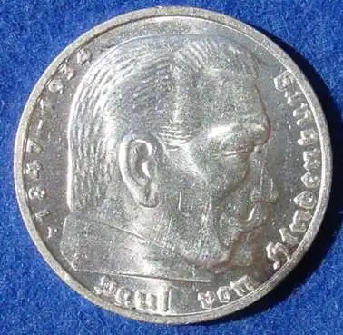 () 5 Reichsmark 1938-F Hindenburg / Hakenkreuz, J. 367. Siehe bitte Erhaltung.
