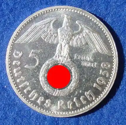 (1030501) 5 Reichsmark 1938-G Hindenburg / Hakenkreuz, J. 367. Siehe bitte Erhaltung.
