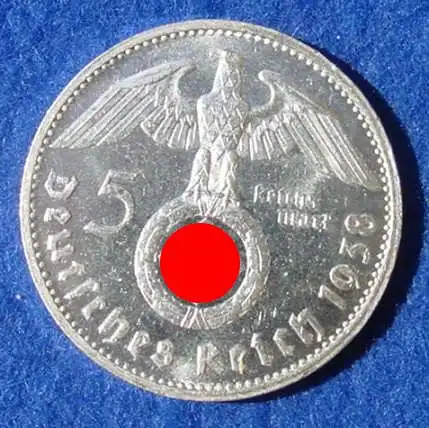 () 5 Reichsmark 1938-G Hindenburg / Hakenkreuz, J. 367. Siehe bitte Erhaltung.
