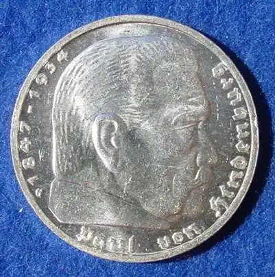 (1030501) 5 Reichsmark 1938-G Hindenburg / Hakenkreuz, J. 367. Siehe bitte Erhaltung.
