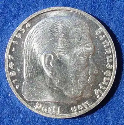 () 5 Reichsmark 1938-G Hindenburg / Hakenkreuz, J. 367. Siehe bitte Erhaltung.
