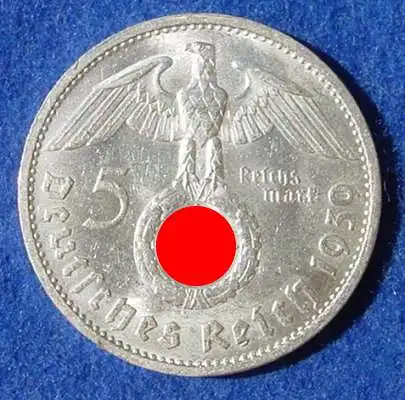(1030504) 5 Reichsmark 1939-B, Hindenburg / Hakenkreuz, J. 367. Siehe bitte Erhaltung.
