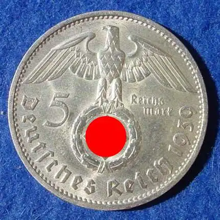 (1030506) 5 Reichsmark 1939-F, Hindenburg / Hakenkreuz, J. 367. Siehe bitte Erhaltung.

