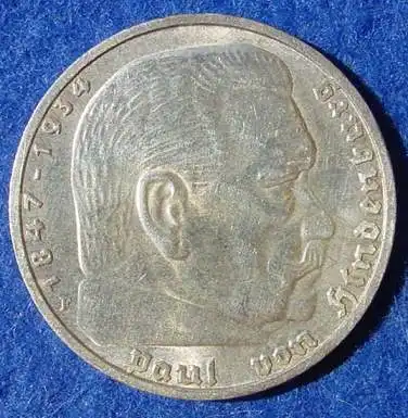 () 5 Reichsmark 1939-F, Hindenburg / Hakenkreuz, J. 367. Siehe bitte Erhaltung.
