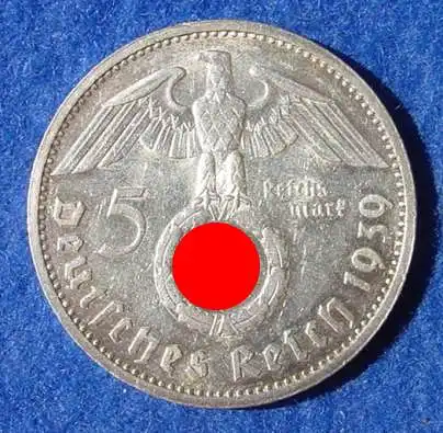 (1030507) 5 Reichsmark 1939-G, Hindenburg / Hakenkreuz, J. 367. Siehe bitte Erhaltung.

