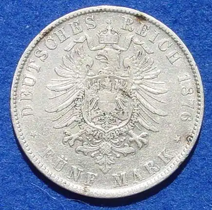 (1038931) Silbermünze Sachsen 5 Reichsmark 1876 Deutsches Reich. Jaeger Nr. 122. Siehe bitte Bilder.

