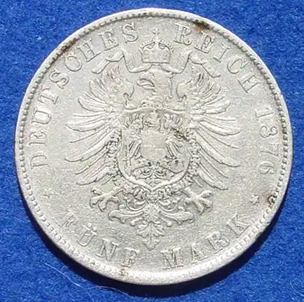 () Silbermünze Sachsen 5 Reichsmark 1876 Deutsches Reich. Jaeger Nr. 122. Siehe bitte Bilder.

