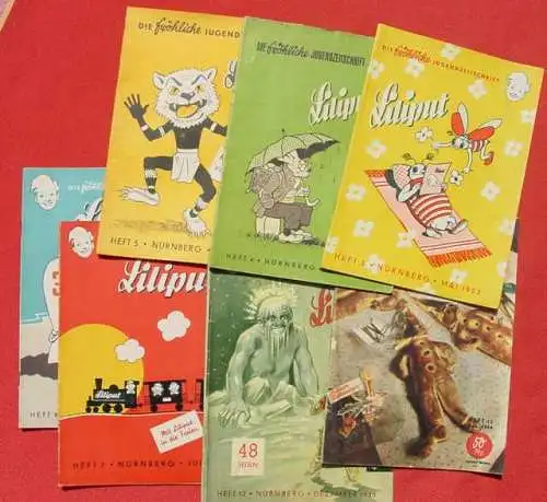 ! Derzeit gültige Versandkosten ab Euro 8,00 ! () LILIPUT. Die fröhliche Jugendzeitschrift. 62 x Jugend-Magazine 1951-1966. Siehe bitte weitere Erklärungen nebst der Artikelbeschreibung u. Bilder