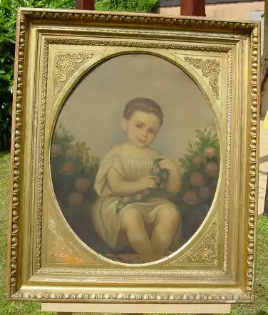 Oelgemaelde auf Leinen. Kind umgeben von Rosen. Um 1900 ? (intern : Gem104)