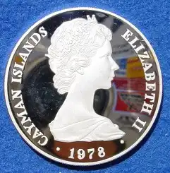(1006958) Cayman-Inseln. 25 Dollars 1978. Motiv Salbloeffel. Muenze 925er Silber. Kroenungs-Jubilaeum