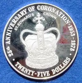 (1006961) Cayman-Inseln. 25 Dollars 1978. Motiv St. Edward-Krone. Muenze 925er Silber. Kroenungs-Jubilaeum