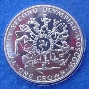 () Isle of Man. One Crown 1980. PP. Silbermuenze. Olympiade. # Insel Man