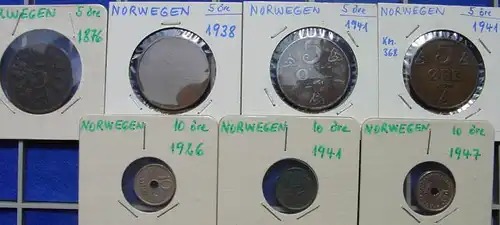 () Norwegen. 7 Muenzen. 5 Oere 1876, 1938, 1941, 1941 (Variante), 10 Oere 1926, 1941, 1947