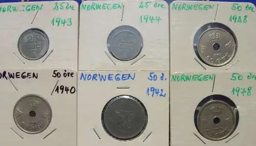 (1038950) Norwegen. 6 Muenzen. 25 Oere 1943, 1944. 50 Oere 1928, 1940, 1942, 1948