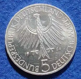 () 5 DM 1964 - J. Johann Gottlieb Fichte. Silber-Gedenkmuenze. Deutschland