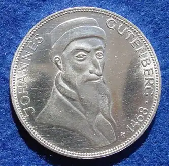 () 5 DM 1968 - G. Johannes Gutenberg. Silber-Gedenkmuenze. Deutschland