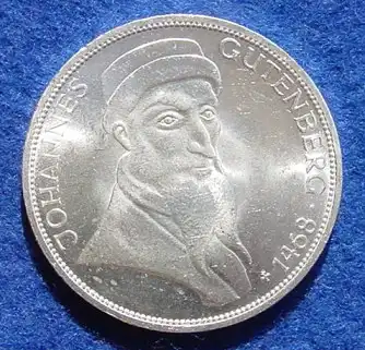 () 5 DM 1968 - G. Johannes Gutenberg. Silber-Gedenkmuenze. Deutschland