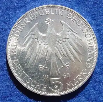 () 5 DM 1968 - G. Johannes Gutenberg. Silber-Gedenkmuenze. Deutschland