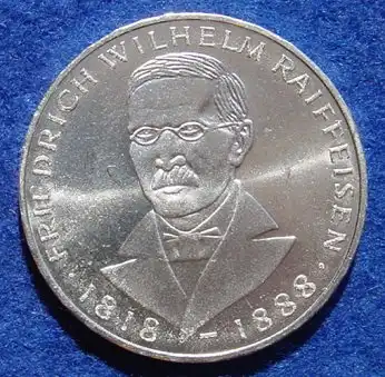 () 5 DM 1968 - J. Friedrich Wilhelm Raiffeisen. Silber-Gedenkmuenze. Deutschland