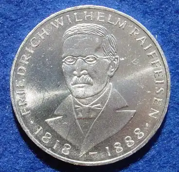 () 5 DM 1968 - J. Friedrich Wilhelm Raiffeisen. Silber-Gedenkmuenze. Deutschland