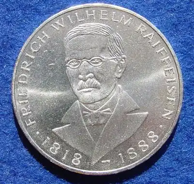 () 5 DM 1968 - J. Friedrich Wilhelm Raiffeisen. Silber-Gedenkmuenze. Deutschland