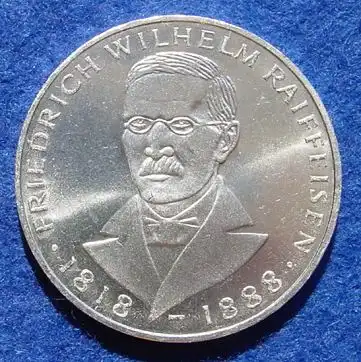 () 5 DM 1968 - J. Friedrich Wilhelm Raiffeisen. Silber-Gedenkmuenze. Deutschland