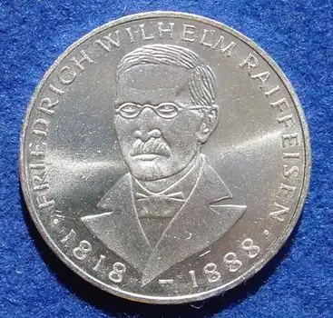 () 5 DM 1968 - J. Friedrich Wilhelm Raiffeisen. Silber-Gedenkmuenze. Deutschland