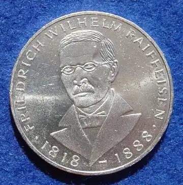 (1043429) 5 DM 1968 - J. Friedrich Wilhelm Raiffeisen. Silber-Gedenkmuenze. Deutschland