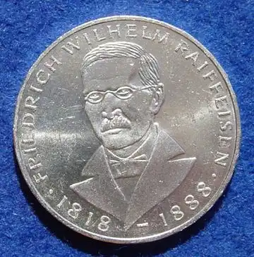 () 5 DM 1968 - J. Friedrich Wilhelm Raiffeisen. Silber-Gedenkmuenze. Deutschland