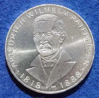 () 5 DM 1968 - J. Friedrich Wilhelm Raiffeisen. Silber-Gedenkmuenze. Deutschland