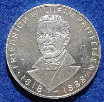 () 5 DM 1968 - J. Friedrich Wilhelm Raiffeisen. Silber-Gedenkmuenze. Deutschland