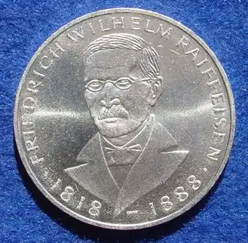 () 5 DM 1968 - J. Friedrich Wilhelm Raiffeisen. Silber-Gedenkmuenze. Deutschland