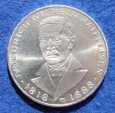 () 5 DM 1968 - J. Friedrich Wilhelm Raiffeisen. Silber-Gedenkmuenze. Deutschland