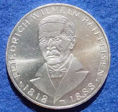 () 5 DM 1968 - J. Friedrich Wilhelm Raiffeisen. Silber-Gedenkmuenze. Deutschland