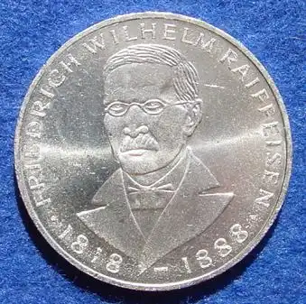 () 5 DM 1968 - J. Friedrich Wilhelm Raiffeisen. Silber-Gedenkmuenze. Deutschland