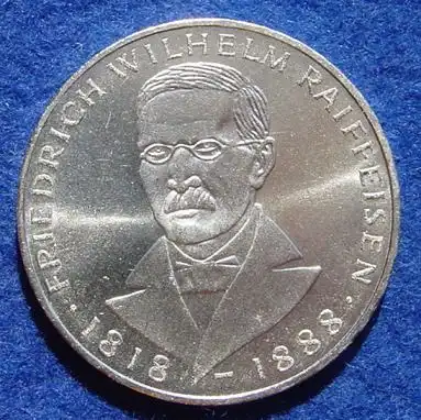 () 5 DM 1968 - J. Friedrich Wilhelm Raiffeisen. Silber-Gedenkmuenze. Deutschland