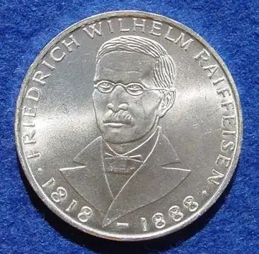 () 5 DM 1968 - J. Friedrich Wilhelm Raiffeisen. Silber-Gedenkmuenze. Deutschland